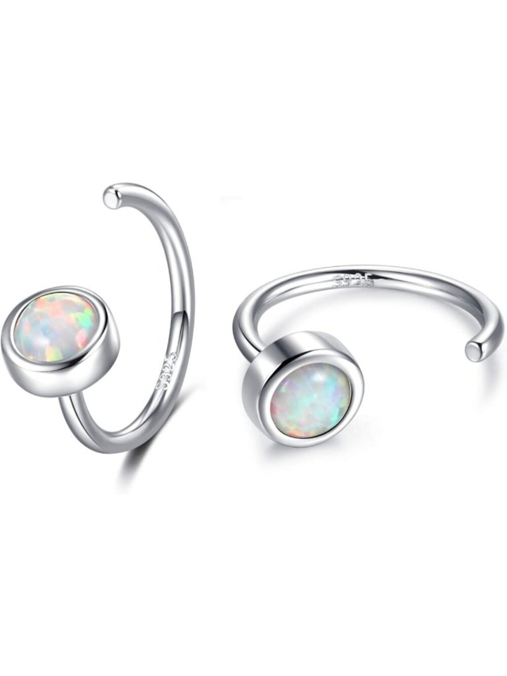 Dainty Sterling Silver Half Hoop Earrings with Opal, Moonstone & CZ - Elegant